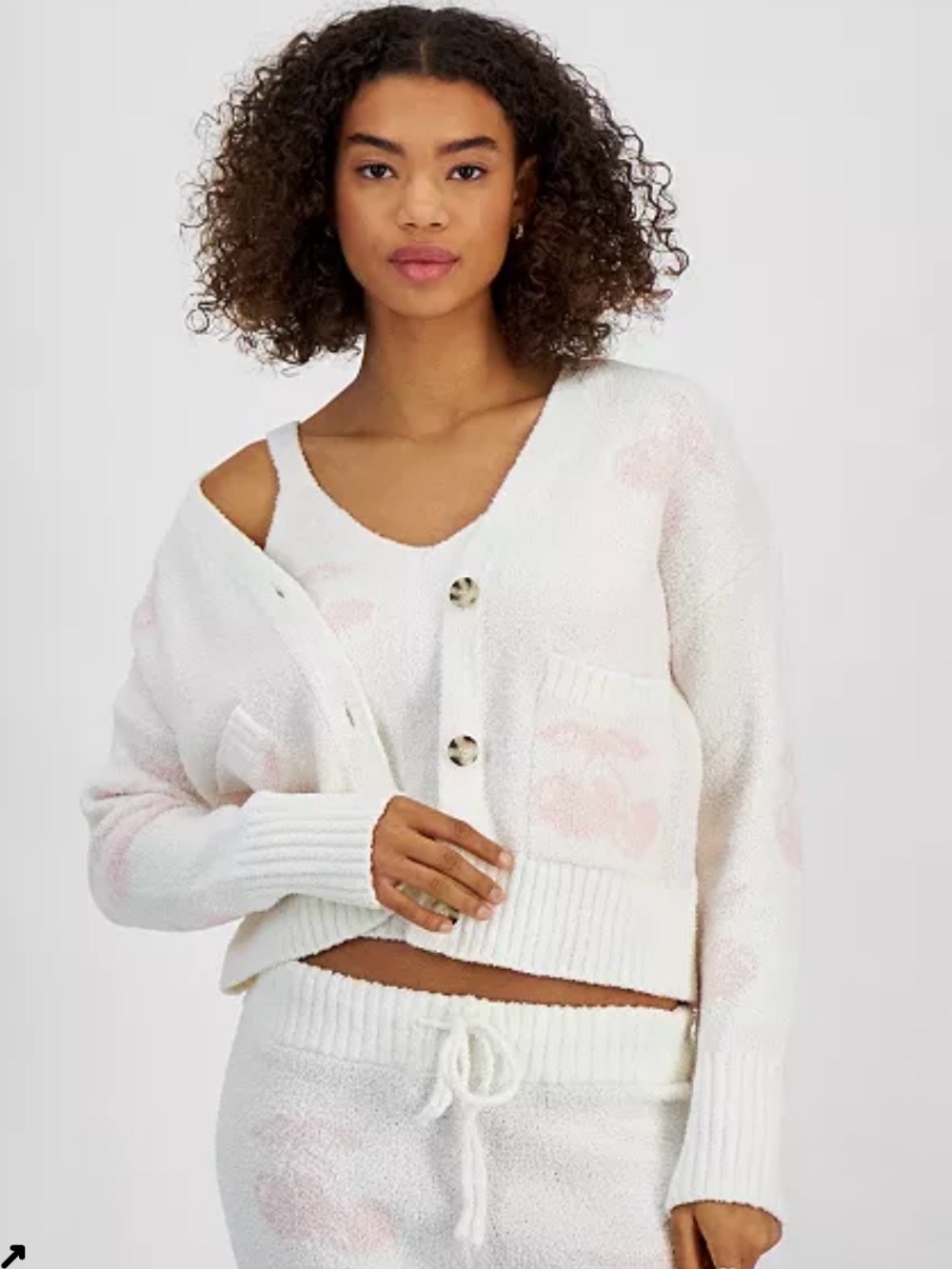 Cozy Brushed Knit V-Neck Cardigan Sweater - White with Subtle Pink